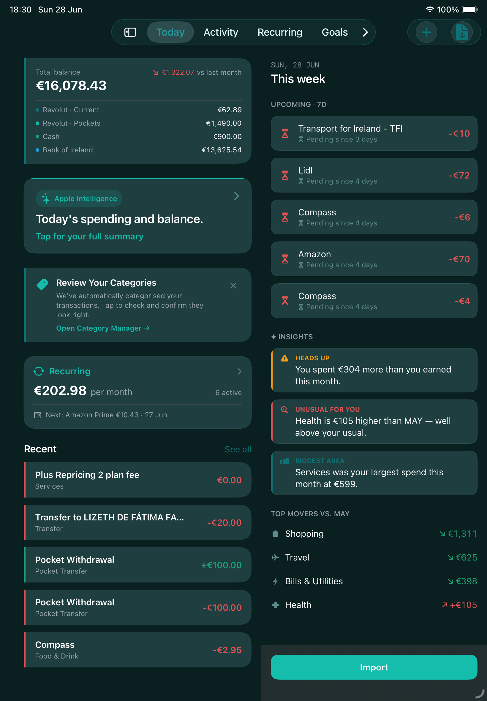 Vaulto on iPad — a two-pane Today screen showing balance and accounts alongside the week ahead and Apple Intelligence insights